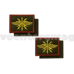 Нашивки Войска связи (желтая вышивка, оливковый фон, красный кант) петличные эмблемы на липучке (вышитые), пара